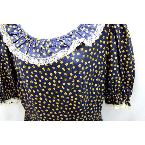 Cottage Core Long Dress Country Victorian Style Lace Seam Navy Blue Floral Print - Picture 5 of 10